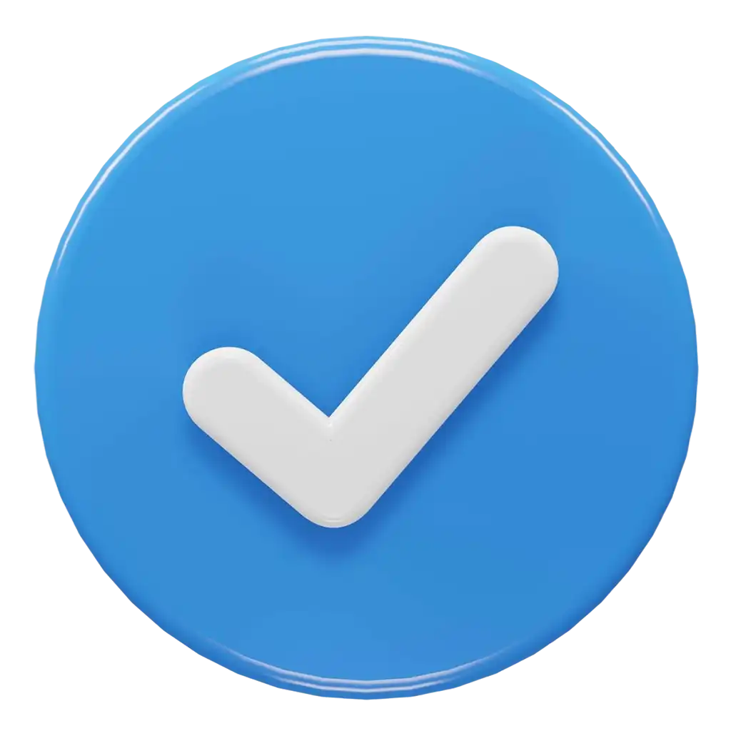 Icono 3D de marca de verificación blanca en círculo azul que representa éxito o confirmación.