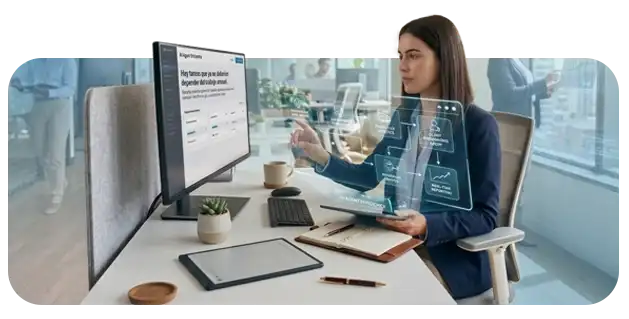 Ejecutiva utilizando un agente de inteligencia artificial con interfaz interactiva para optimizar tareas operativas en su oficina por Consein.
