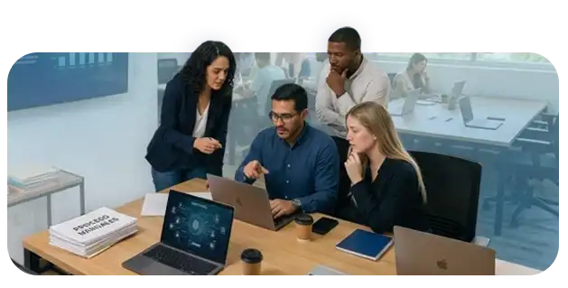 Equipo de especialistas y consultores en ciberseguridad corporativa analizando vulnerabilidades e infraestructura en una mesa de trabajo para Consein.
