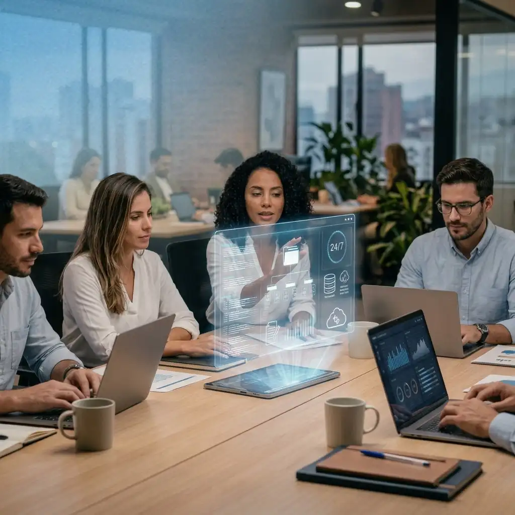 Equipo corporativo analizando una interfaz holográfica de agentes de inteligencia artificial y automatización de procesos en una mesa de reuniones.